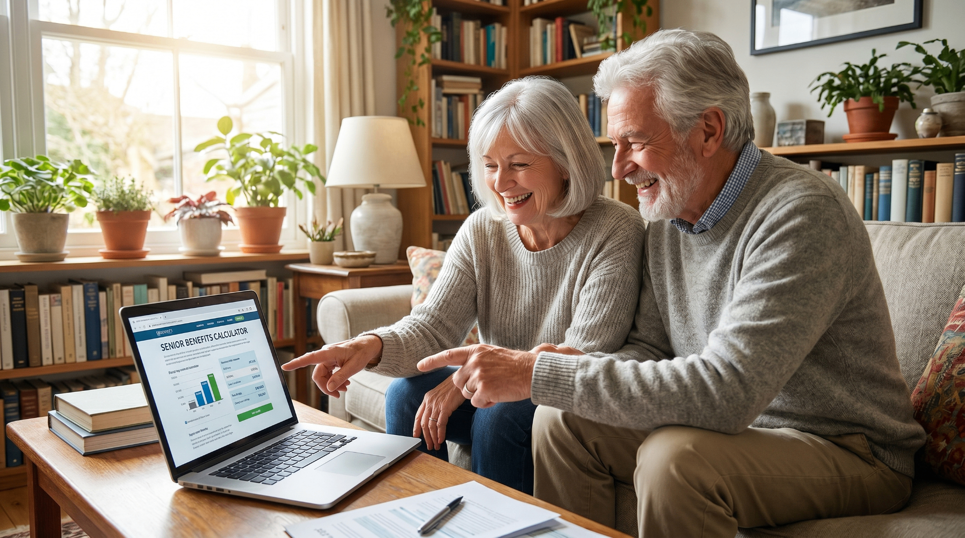 Senior couple smiling while using a benefits calculator on a laptop at home.