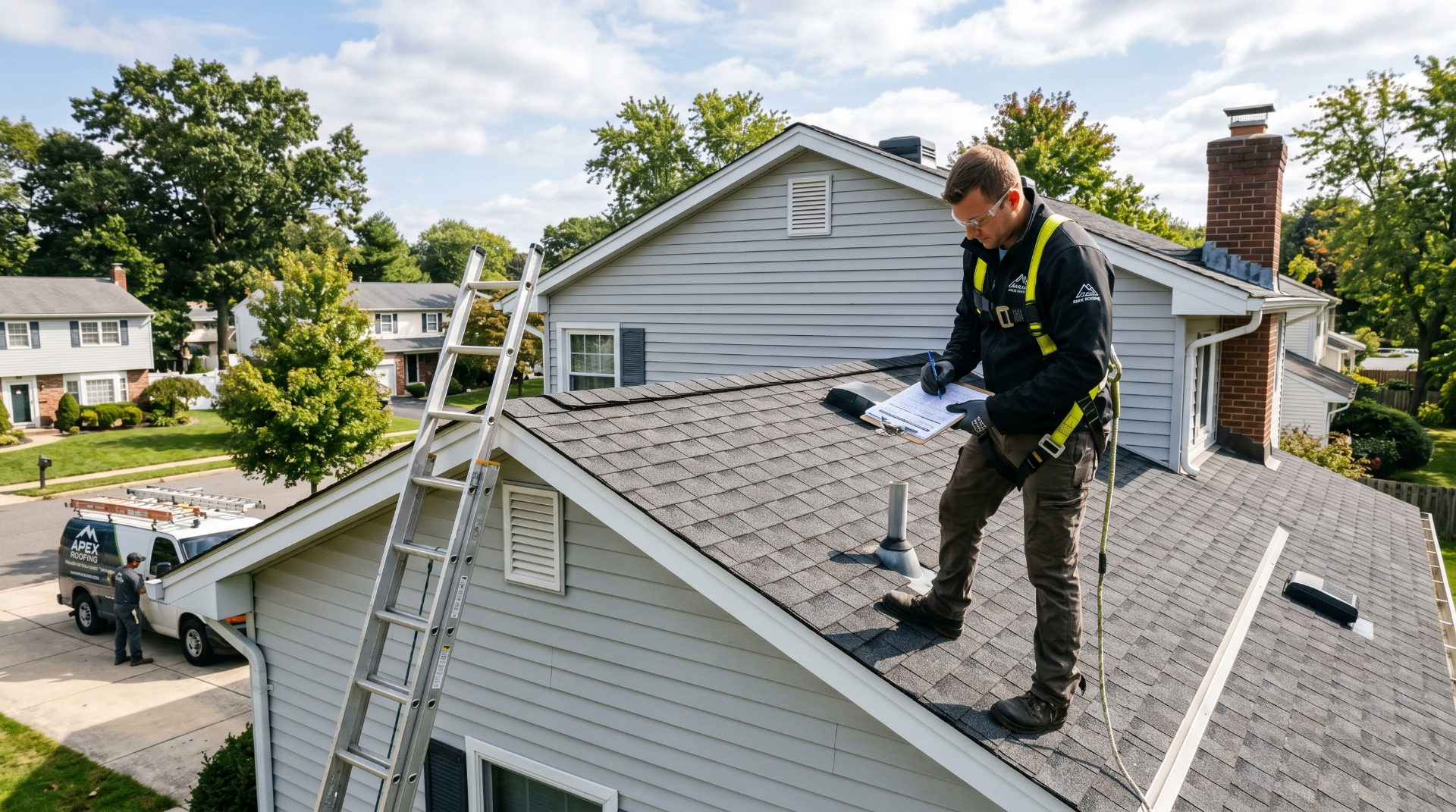 A roofing contractor inspecting a suburban home's shingle roof with a clipboard.