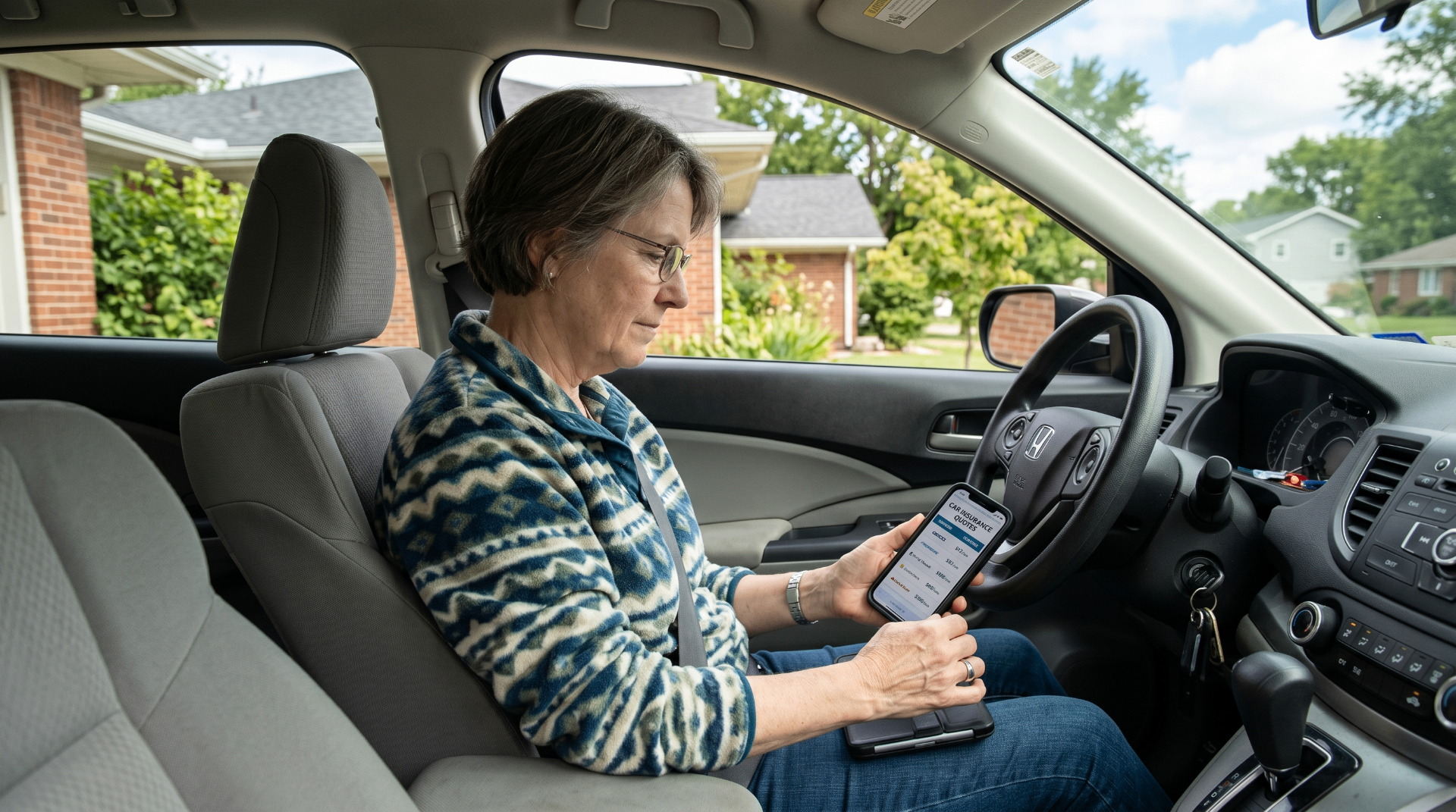 A senior woman in the driver's seat comparing car insurance quotes on her phone.