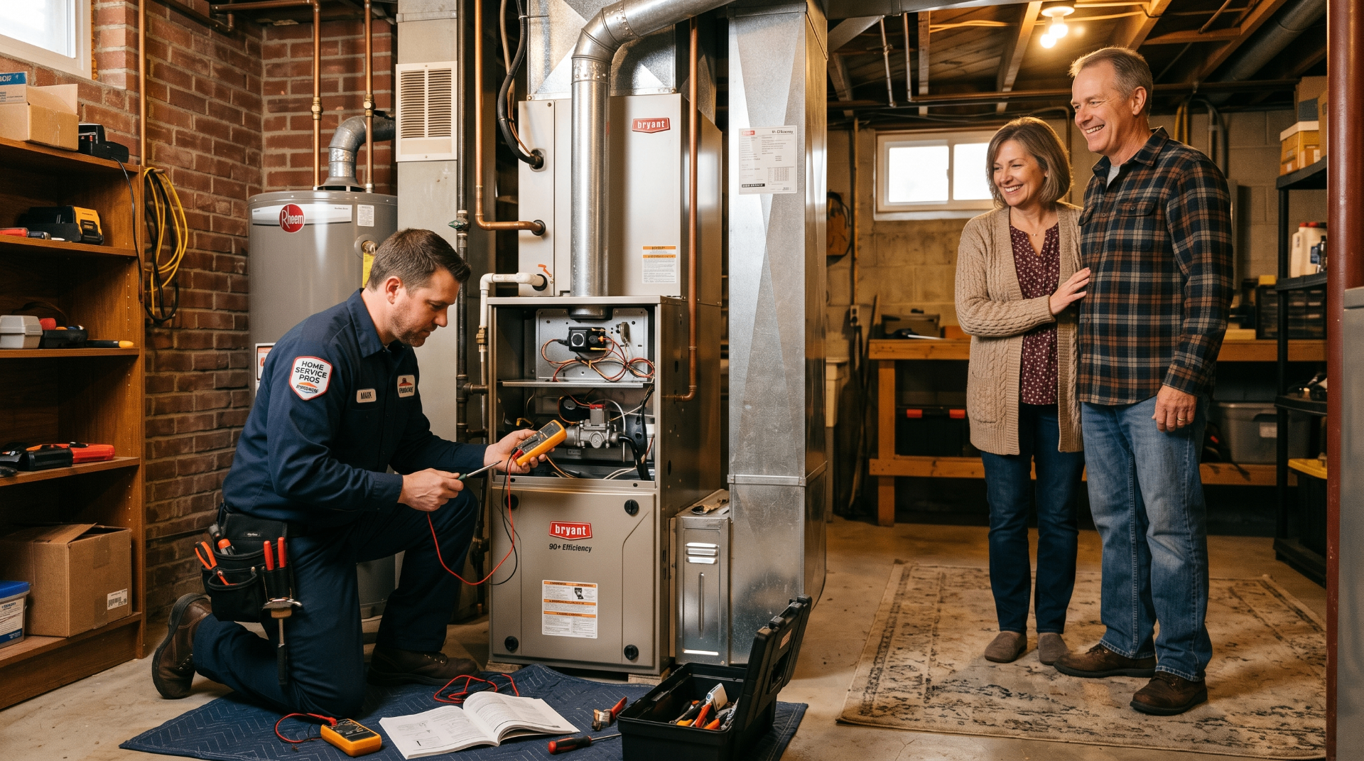 Home service technician servicing a furnace while homeowners look on.