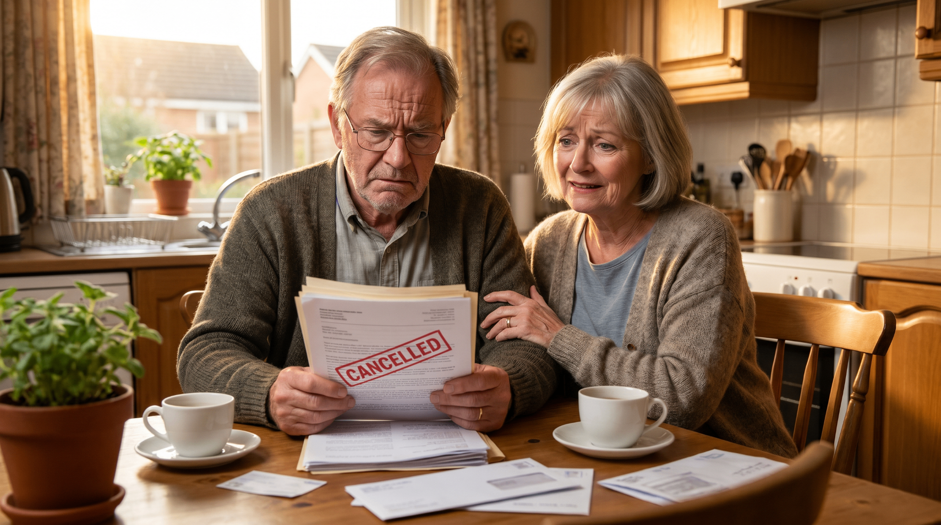 A senior couple reviewing a cancelled timeshare contract at their kitchen table.