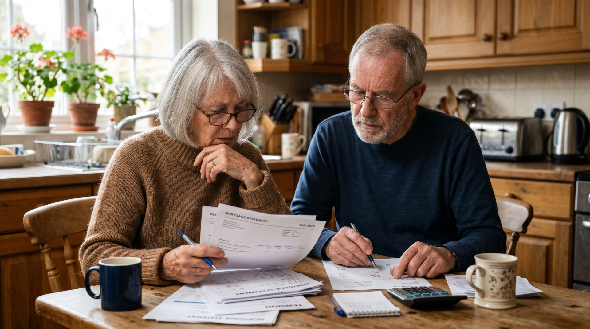 A senior couple reviewing retirement and financial documents at home.