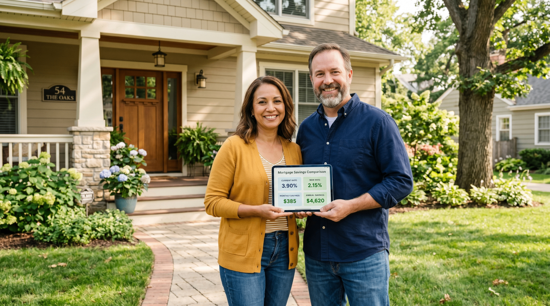 A smiling couple standing in front of their home holding a tablet showing mortgage savings.