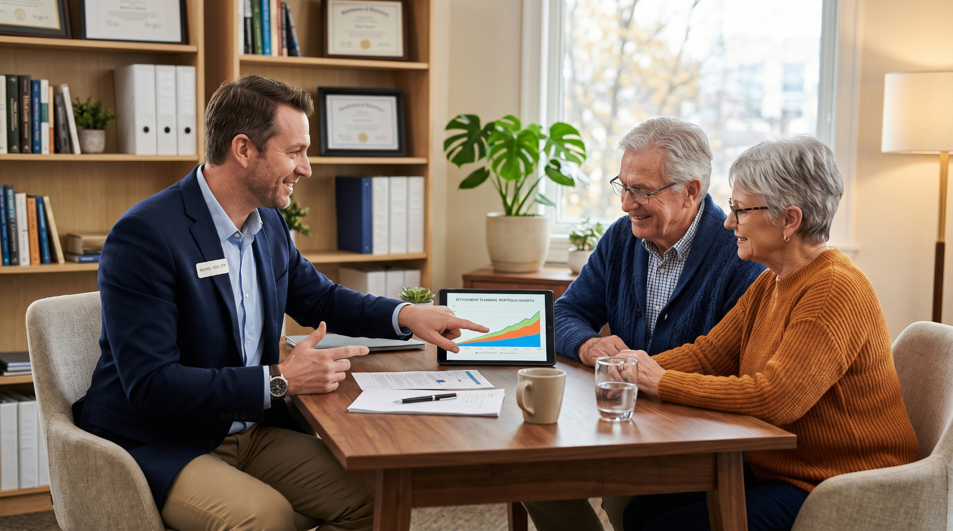A financial advisor showing a retirement portfolio chart on a tablet to a senior couple.