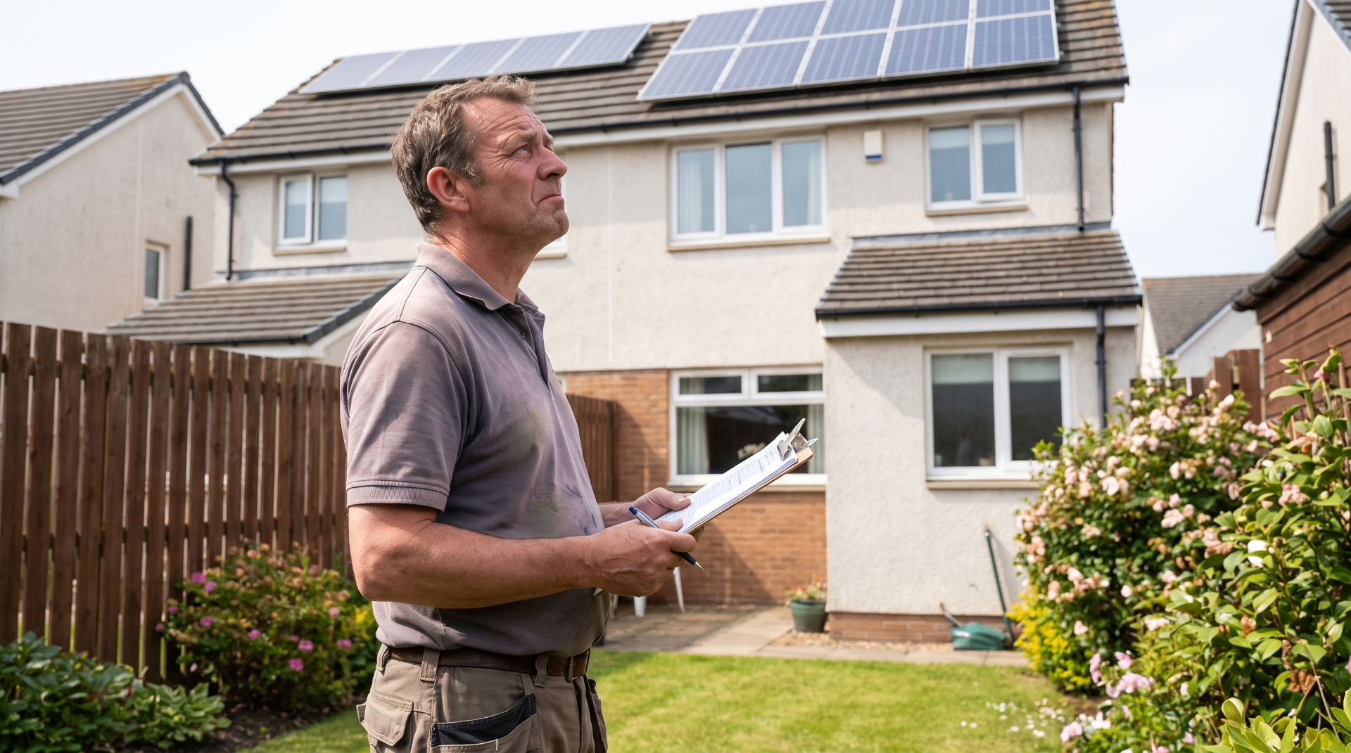 Homeowner inspecting rooftop solar panels on his house.