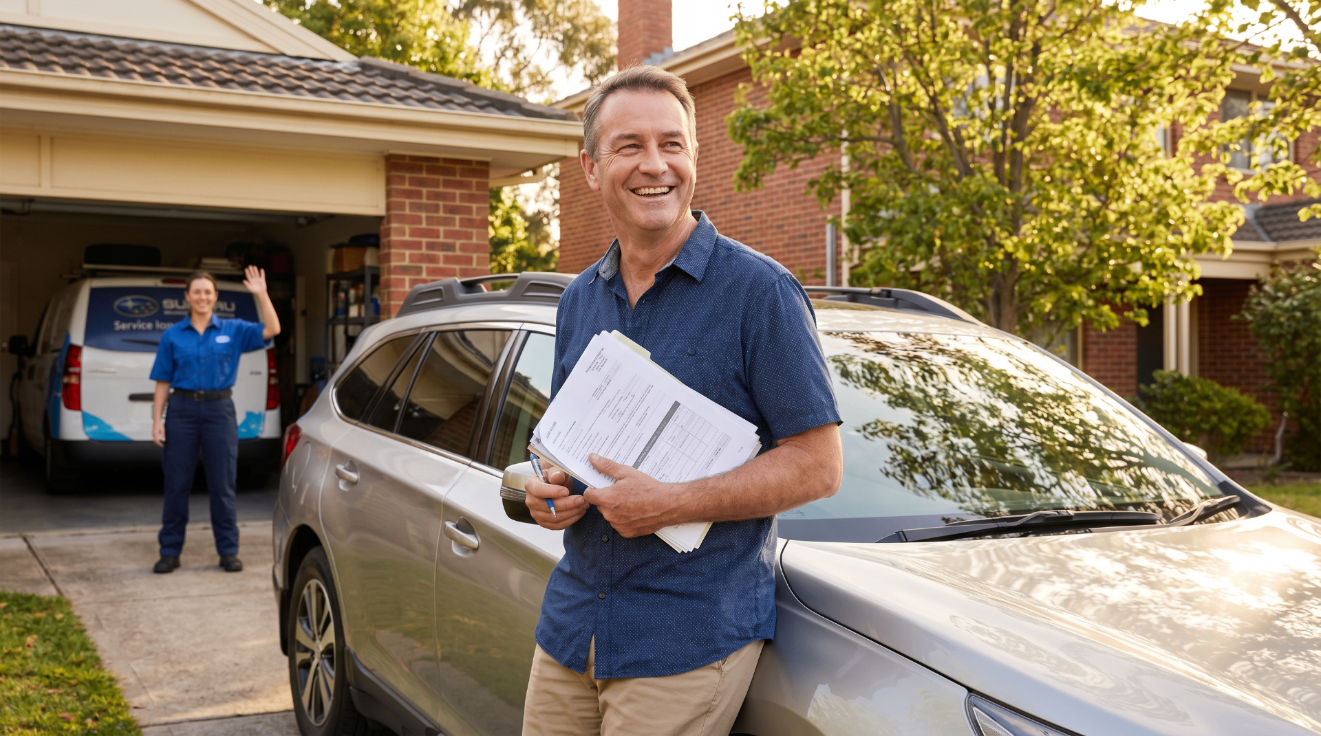 Smiling homeowner holding vehicle paperwork next to his car in the driveway.