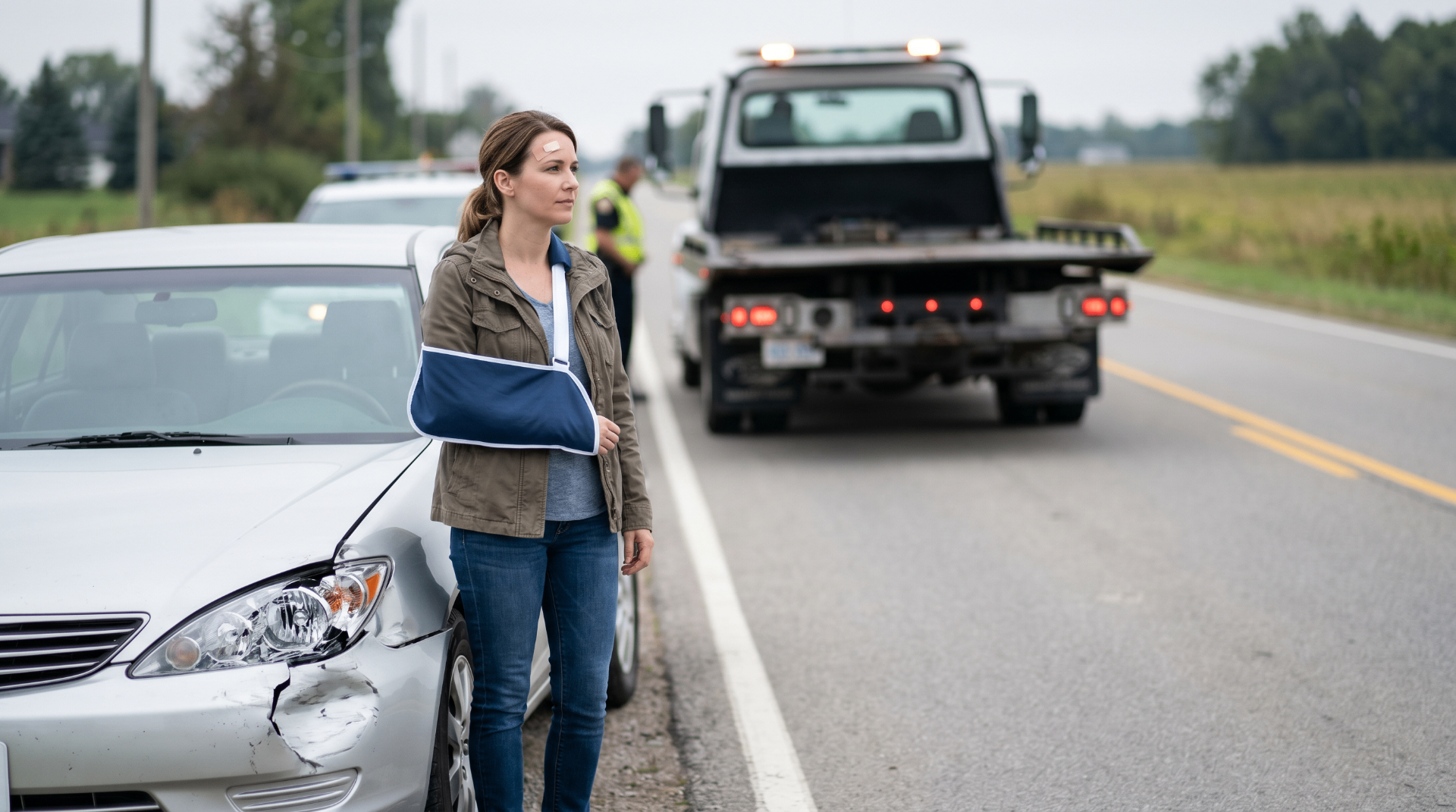 A woman with an arm sling standing beside a damaged car as a tow truck arrives.