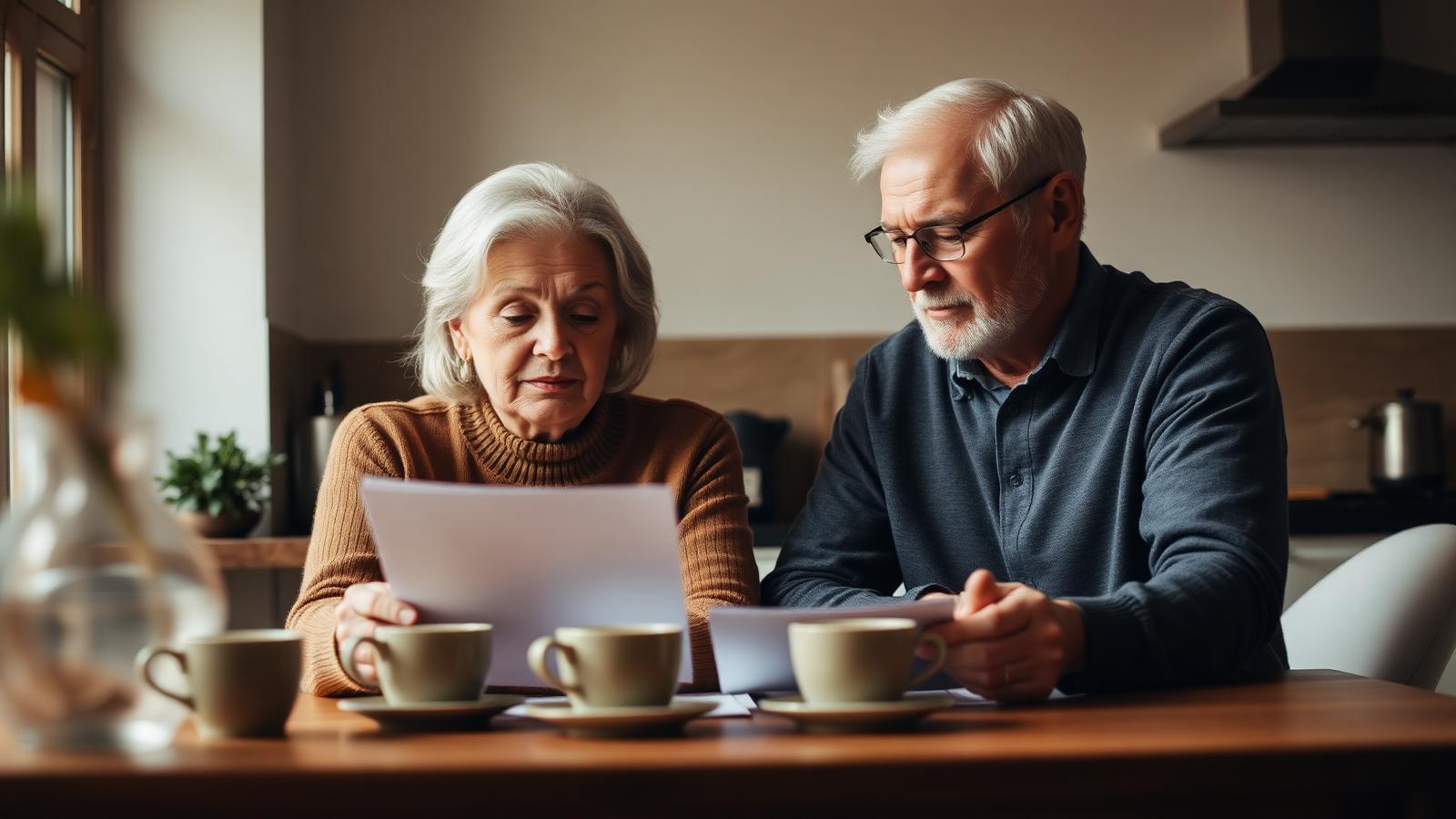 A senior couple reviewing retirement and financial documents at home.